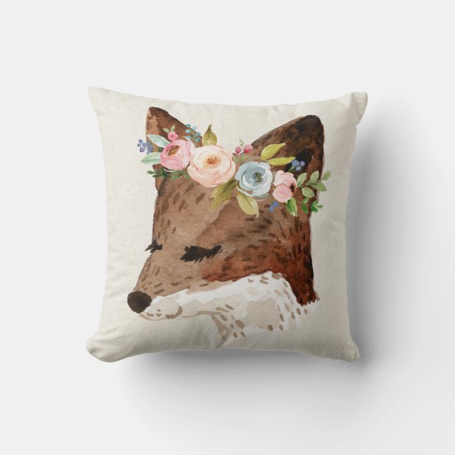 Boho Fox with Pastel Flowers Cushion (Front)