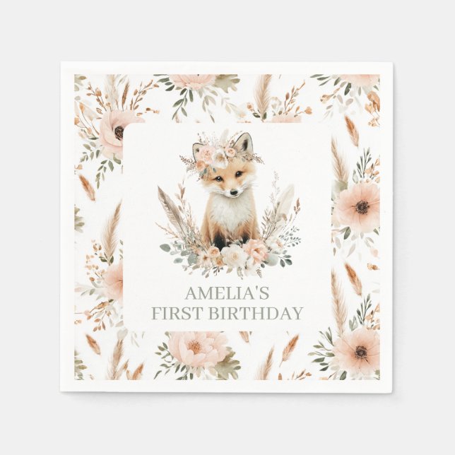 Boho Fox Woodland Themed Birthday Party Napkin (Front)