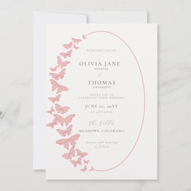 Boho Frame Blush Pink Butterflies Elegant Wedding Invitation (Front)