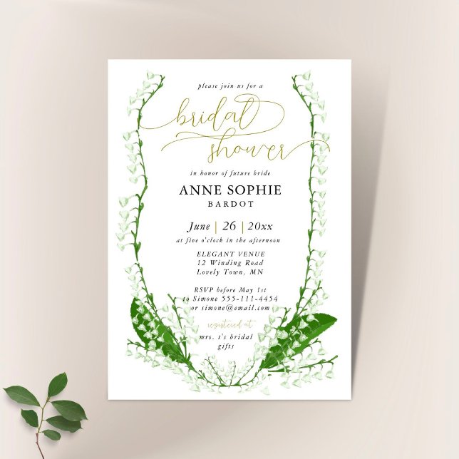 Boho Frame Elegant Lily Valley Gold Bridal Shower Invitation (Creator Uploaded)