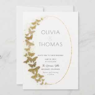 Boho Frame Modern Gold Sparkle Butterflies Wedding Invitation