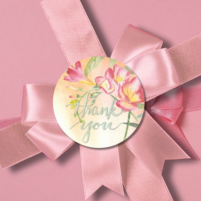 Boho Freesia with Calligraphy Thank You Classic Round Sticker (Tropical boho style thank-you sticker- great addition to any occasion. Luau, showers, weddings)