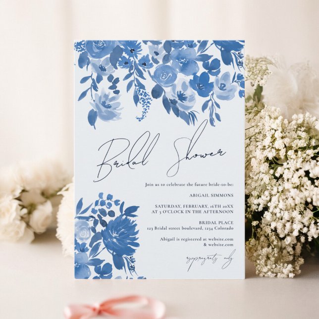 Boho french blue hand painted floral bridal shower invitation (Boho french blue hand painted floral bridal shower invitation)