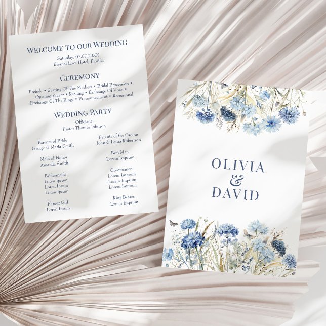 Boho French Blue Wildflower Meadow Wedding Program (Boho French Blue Wildflower Meadow Wedding Program on a sunny dry palm leaf.)