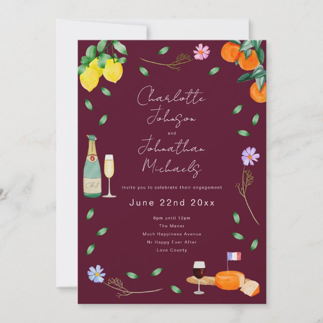Boho French Wine & Cheese Wedding Engagement Party Invitation (Front)