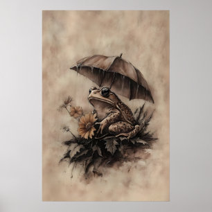 Boho Frog Under Umbrella With Fall Flowers Print