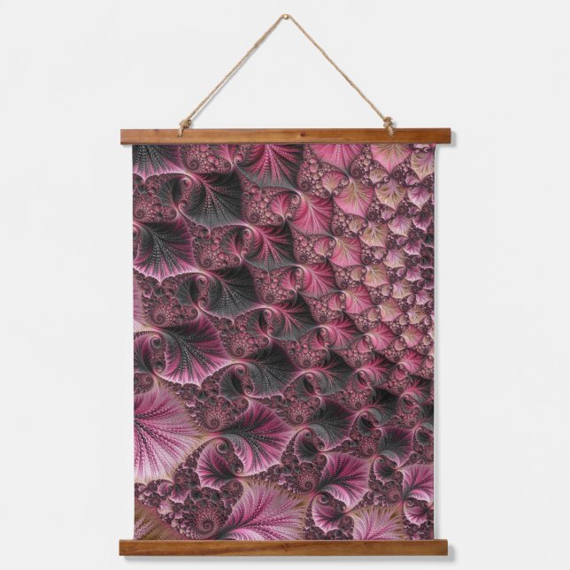 Boho Funky Eclectic Pink Black Abstract Fractal Hanging Tapestry (Front)