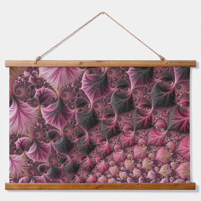 Boho Funky Eclectic Pink Black Abstract Fractal Hanging Tapestry (Front)