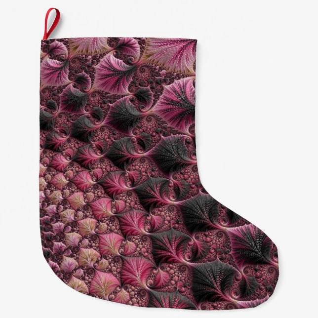 Boho Funky Eclectic Pink Black Abstract Fractal Large Christmas Stocking (Front)