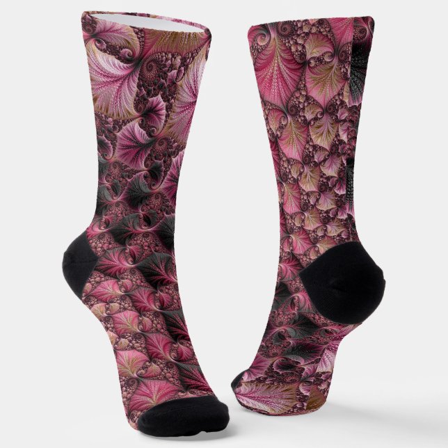 Boho Funky Eclectic Pink Black Abstract Fractal Socks (Angled)