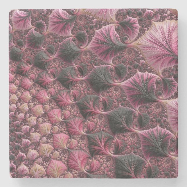 Boho Funky Eclectic Pink Black Abstract Fractal Stone Coaster (Front)