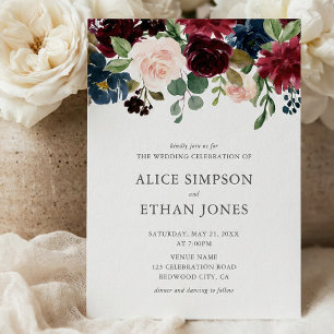 Boho Garden Burgundy Blue Fall Wedding Invitation