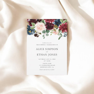 Boho Garden Burgundy Blue Fall Wedding Invitation