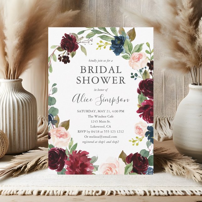 Boho Garden Burgundy Blue Floral Bridal Shower Invitation (Creator Uploaded)