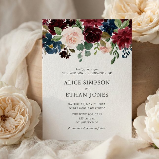 Boho Garden Burgundy Blue Floral Wedding Invitation Postcard (Creator Uploaded)