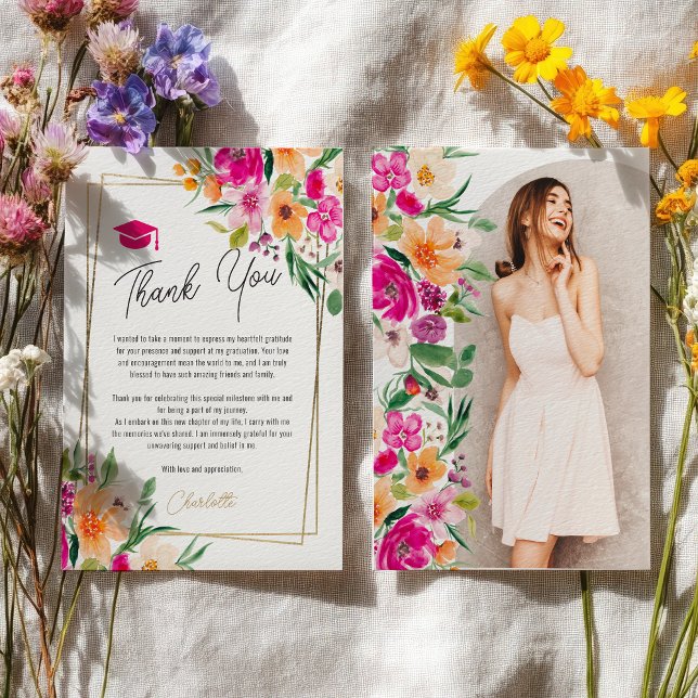 Boho garden floral gold photo graduation invitation (Boho garden floral gold photo graduation invitation)