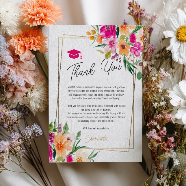 Boho garden floral gold photo graduation thank you card (Boho garden floral gold photo graduation thank you card)