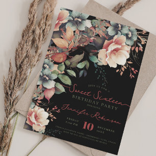 Boho Garden Floral Sweet 16 Birthday Black Invitation