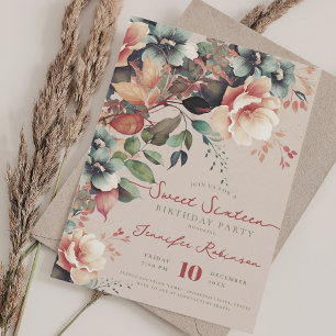 Boho Garden Floral Sweet 16 Birthday Champagne  Invitation