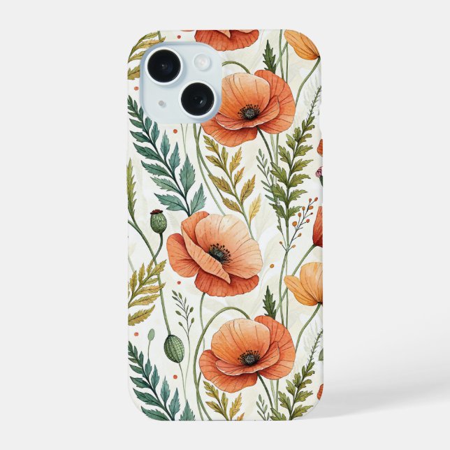 Boho Garden of Beautiful Poppies iPhone 15 Case (Back)
