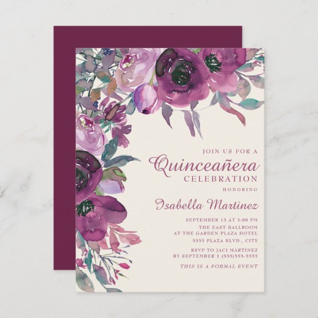 Boho Garden Purple Lilac Floral Script Quinceañera Invitation (Front/Back)