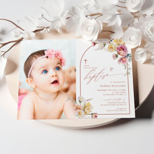 Boho Garden Rose Flowers Photo Girl Baptism Invitation