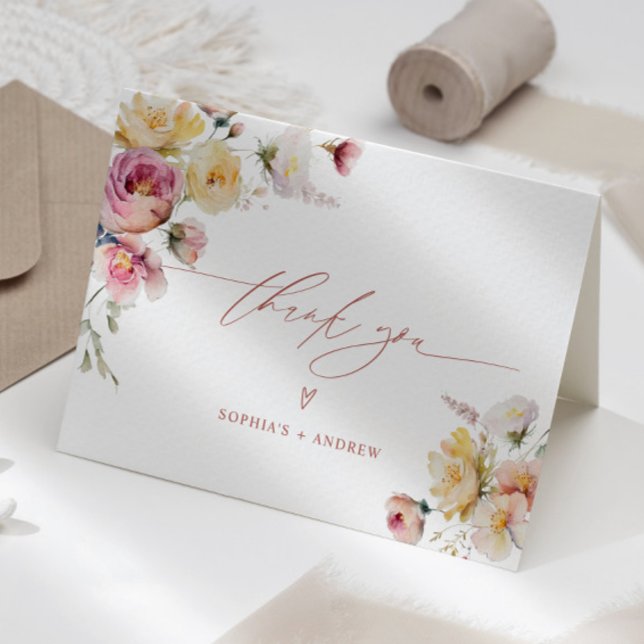 Boho Garden Rose Flowers Wedding Thank You Card (Creator Uploaded)