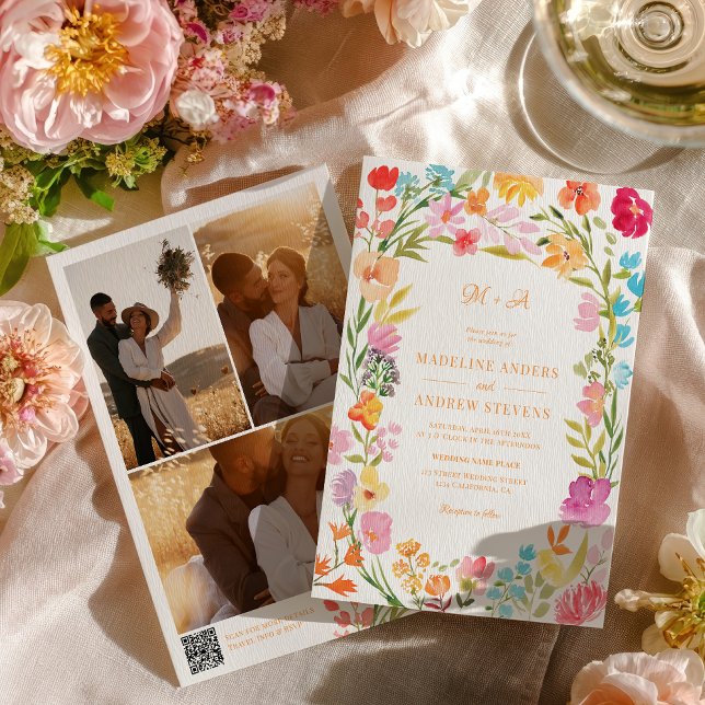 Boho Garden Summer Floral Photo QR Wedding Invitation (Boho Garden Summer Floral Photo QR Wedding Invitation)