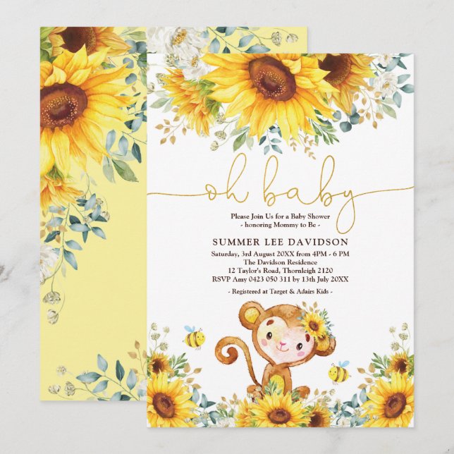 Boho Garden Sunflowers Jungle Monkey Baby Shower Invitation (Front/Back)