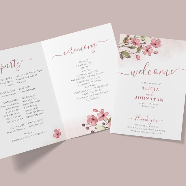 Boho garden watercolor floral blush pink wedding program (Creator Uploaded)