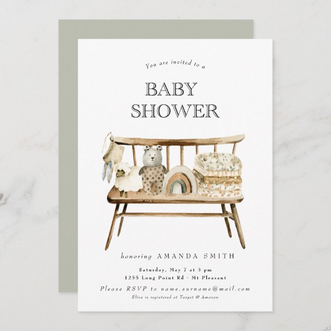 Boho Gender Neutral Sage Green Rainbow Baby Shower Invitation (Front/Back)