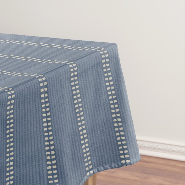 Boho geo simple lines beige denim blue rustic tablecloth (In Situ)