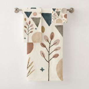 Boho Geometric Botanical Pattern Design 385 Bath Towel Set