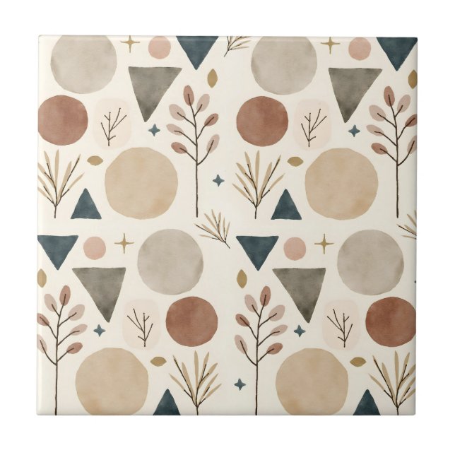 Boho Geometric Botanical Pattern Design 385 Ceramic Tile (Front)