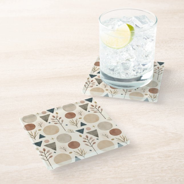 Boho Geometric Botanical Pattern Design 385 Glass Coaster (Angled)