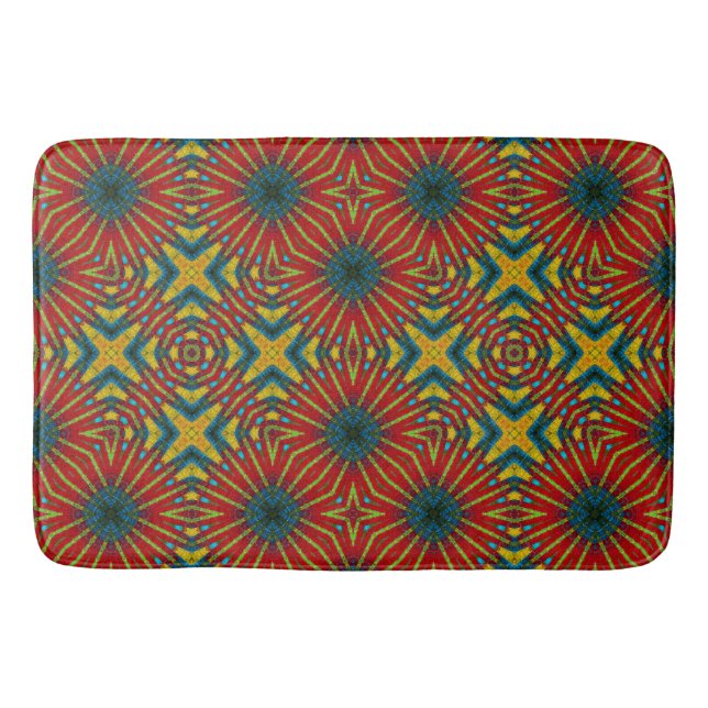 Boho Geometric Brown Red Yellow Blue Ethnic Tribal Bath Mat (Front)
