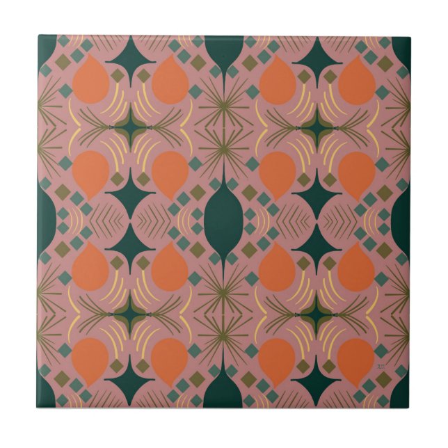 Boho Geometric Diamond Pink Ceramic Tile (Front)