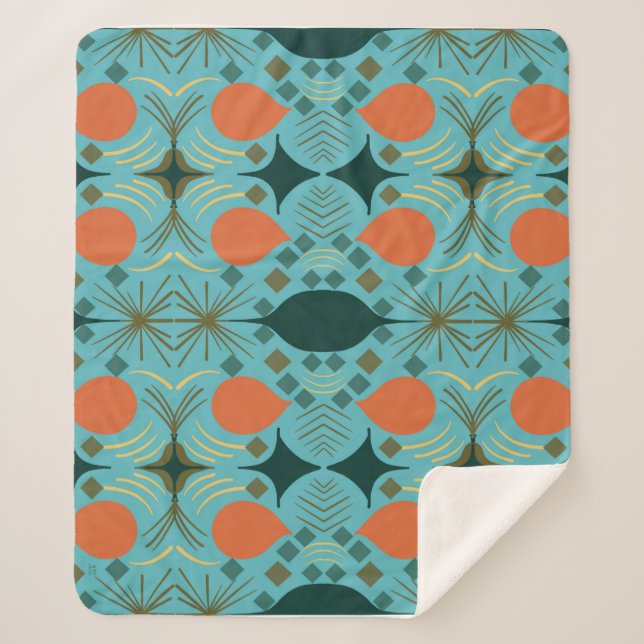 Boho Geometric Diamond Turquoise Sherpa Blanket (Front)