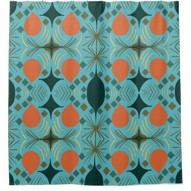 Boho Geometric Diamond Turquoise  Shower Curtain (Front)