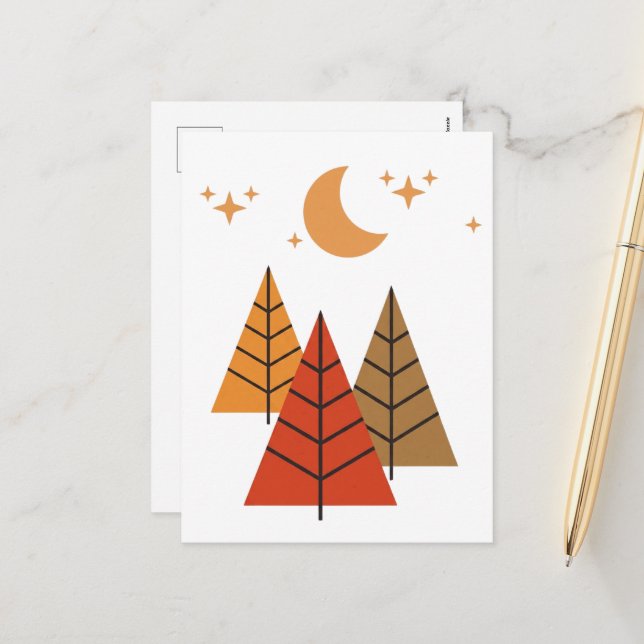 Boho Geometric Forest – Minimalist Pine Trees Holiday Postcard (Front/Back In Situ)