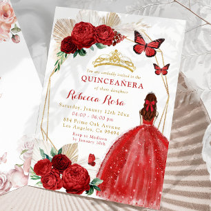 Boho Geometric Gold and Red Roses Quinceañera Invitation