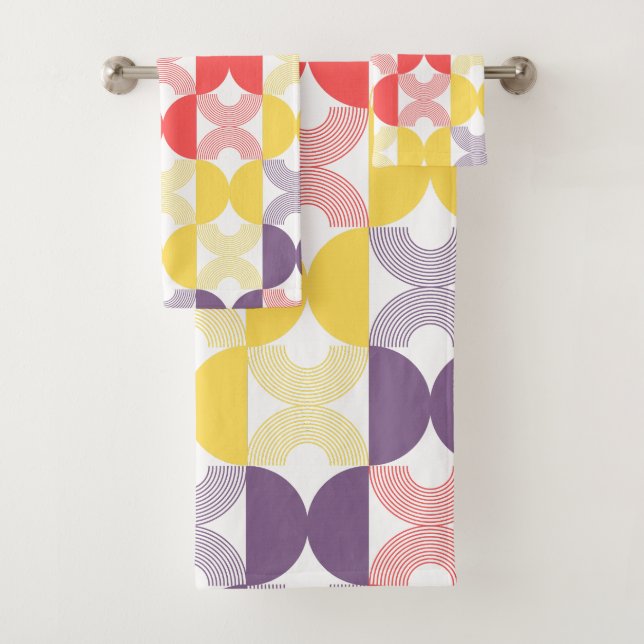 Boho geometric modern retro 50s colourful bath towel set (Insitu)