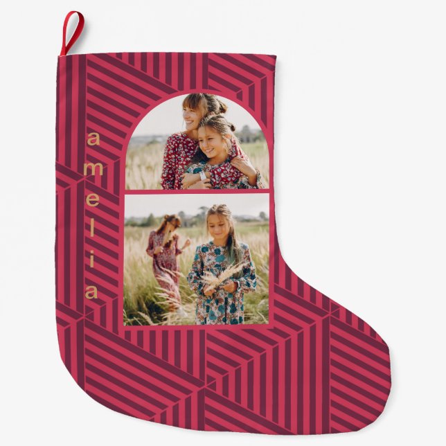Boho Geometric Two Photo and Name Large Christmas Stocking (Front)