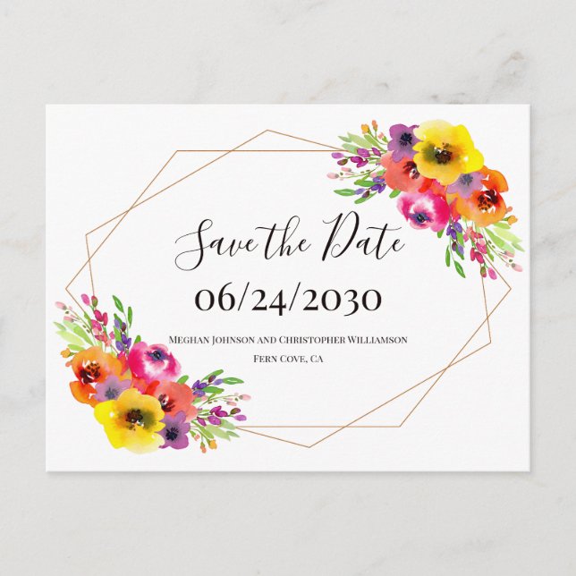 Boho Geometric Watercolor Floral Save the Date Postcard (Front)