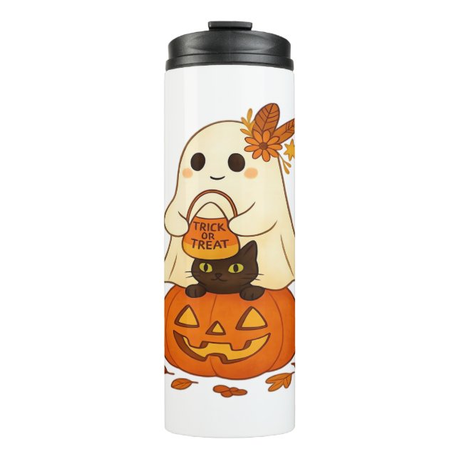 Boho Ghost & Black Cat – Trick or Treat on a Pumpk Thermal Tumbler (Front)
