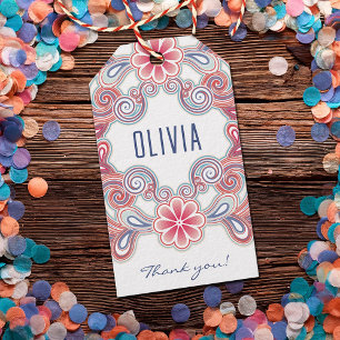 Boho gift tag with flowers and swirls