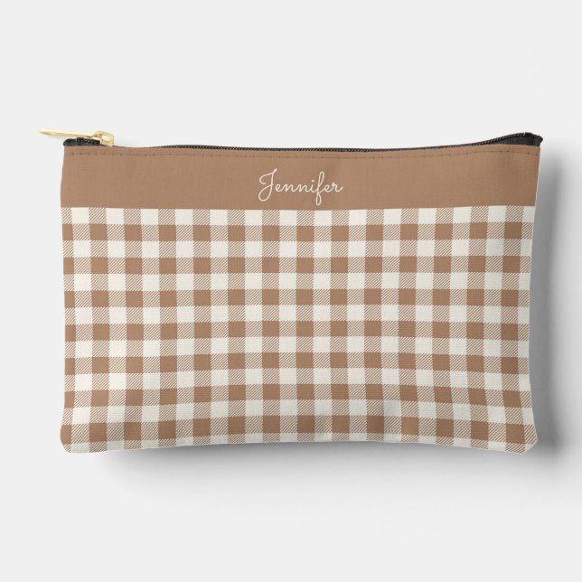 Boho Gingham Pattern Plaid Checkered Brown Name Accessory Pouch (Front)