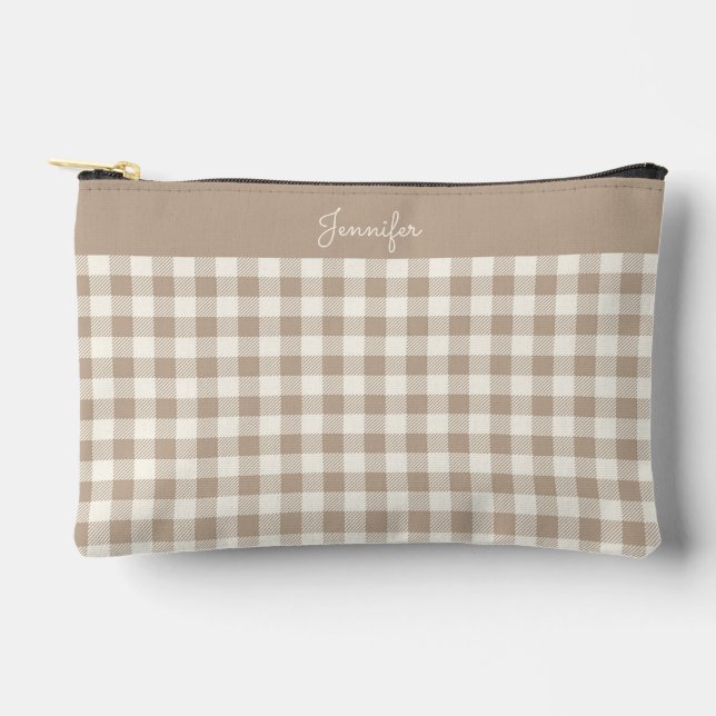 Boho Gingham Pattern Plaid Checkered Neutral Name Accessory Pouch (Front)