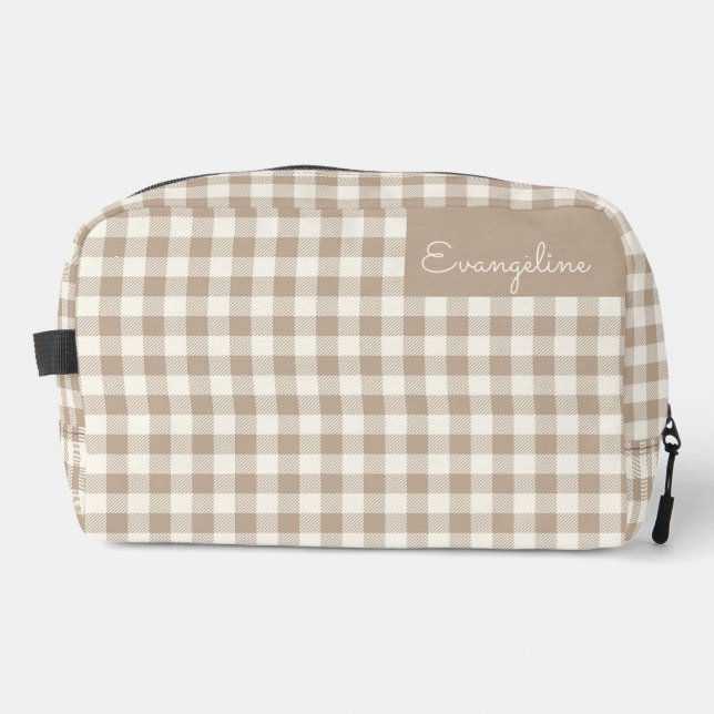 Boho Gingham Pattern Plaid Checkered Neutral Name Dopp Kit (Front)