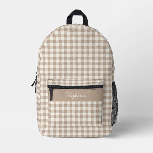 Boho Gingham Pattern Plaid Checkered Neutral Name Printed Backpack (Front)